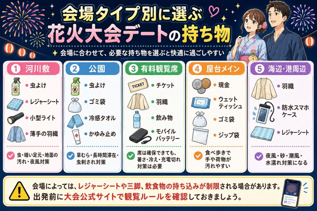 会場タイプ別に選ぶ花火大会デートの持ち物