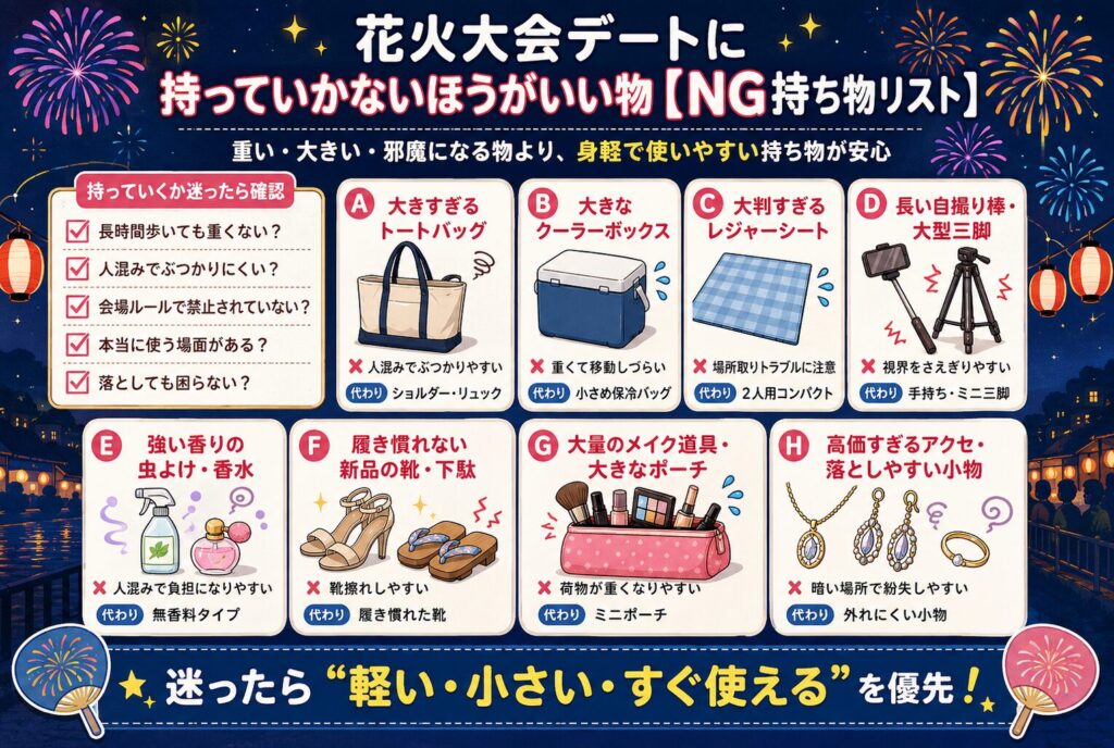 花火大会デートに持っていかないほうがいい物【NG持ち物リスト】