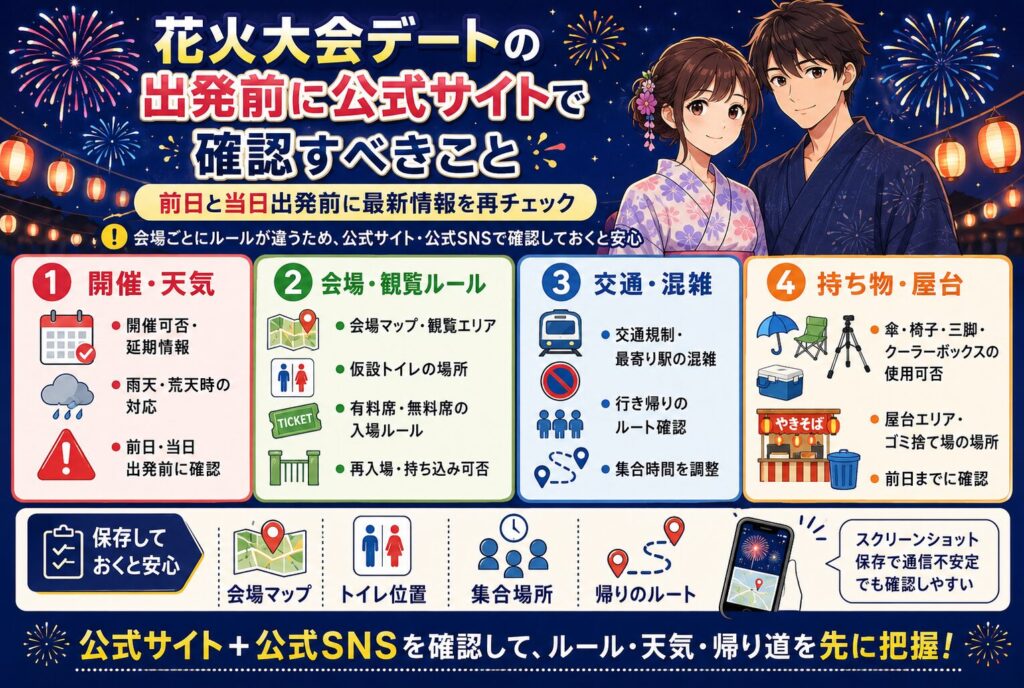 花火大会デートの出発前に公式サイトで確認すべきこと