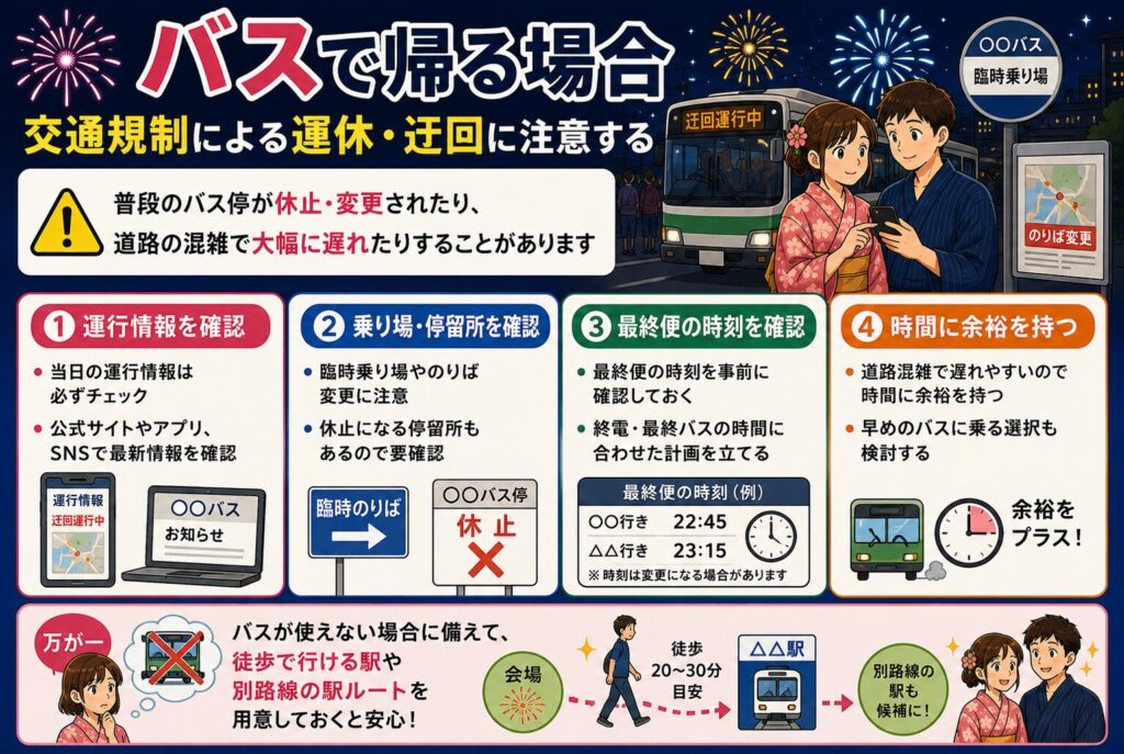 バスで帰る場合：交通規制による運休・迂回に注意する