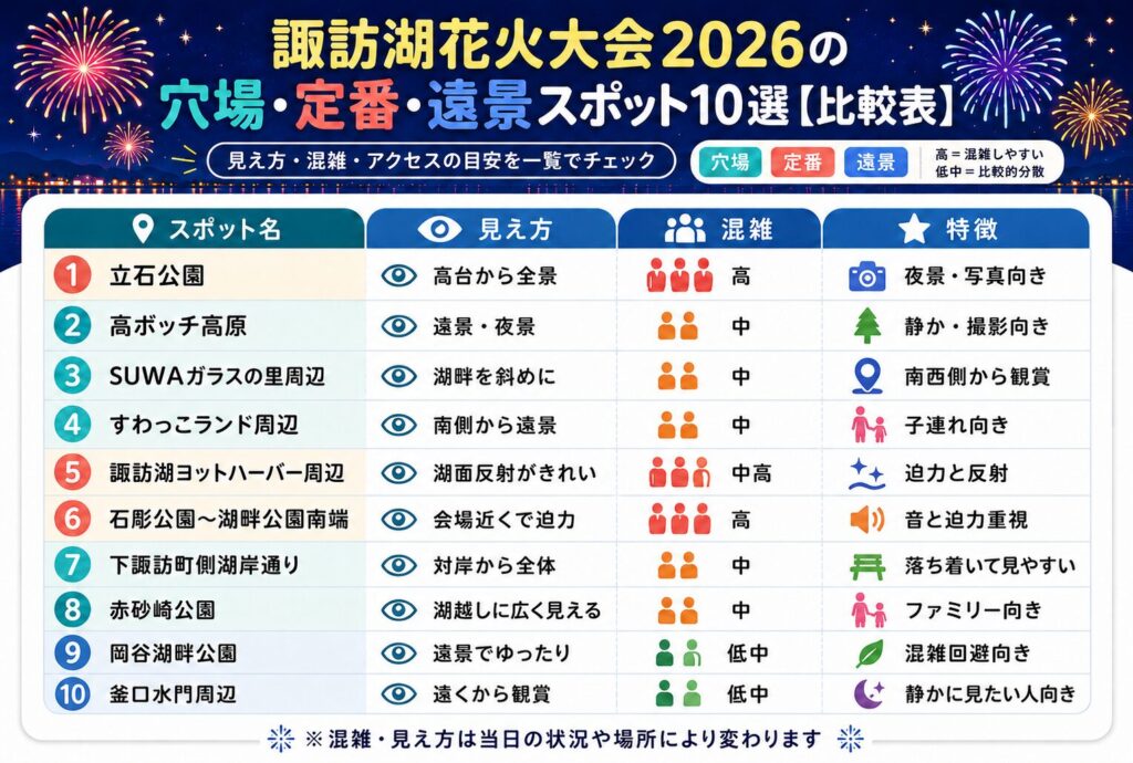 諏訪湖花火大会2026の穴場・定番・遠景スポット10選【比較表】