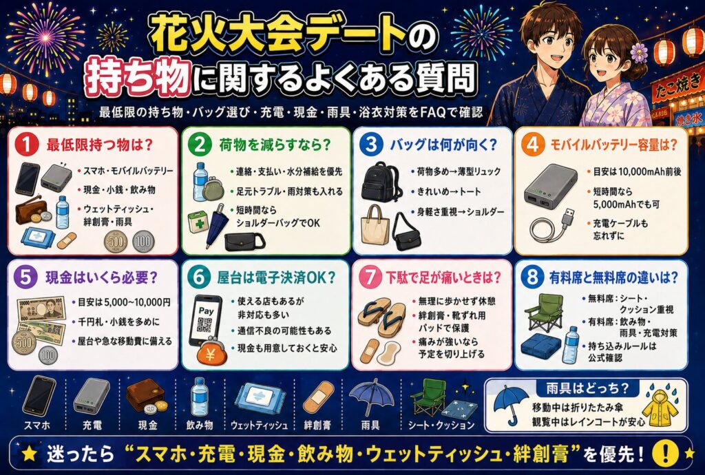花火大会デートの持ち物に関するよくある質問