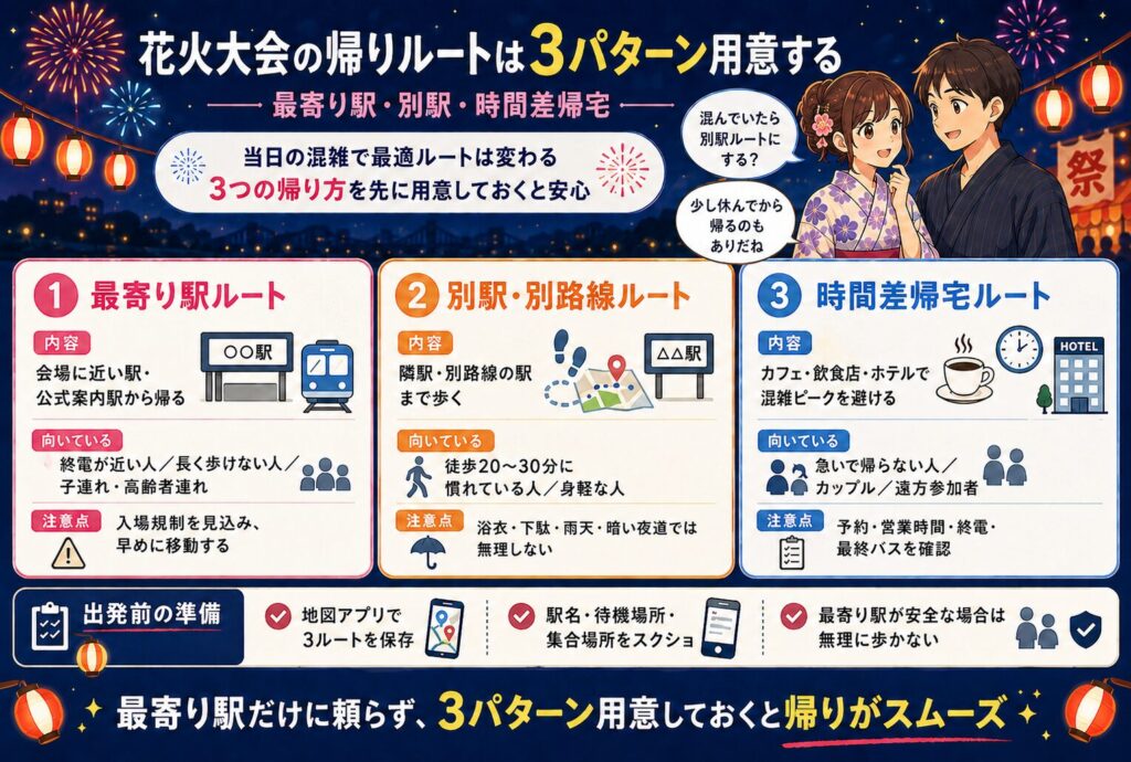 花火大会の帰りルートは3パターン用意する｜最寄り駅・別駅・時間差帰宅