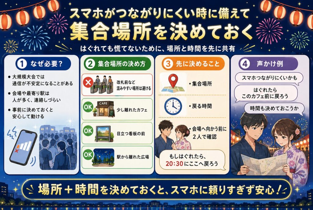 スマホがつながりにくい場合に備えて集合場所を決めておく