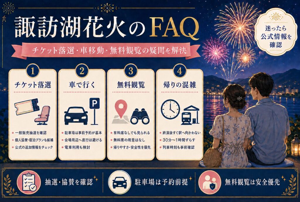 諏訪湖花火のFAQ｜チケット落選・車移動・無料観覧の疑問を解決