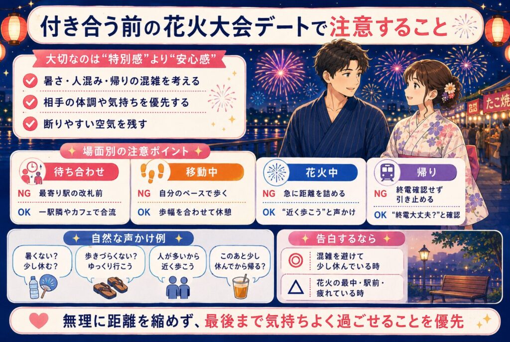 付き合う前の花火大会デートで注意すること