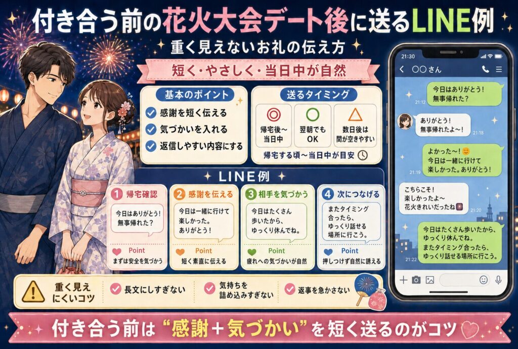 付き合う前の花火大会デート後に送るLINE例｜重く見えないお礼の伝え方