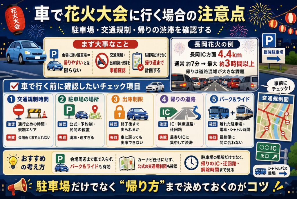 車で花火大会に行く場合の注意点｜駐車場・交通規制・帰りの渋滞を確認する