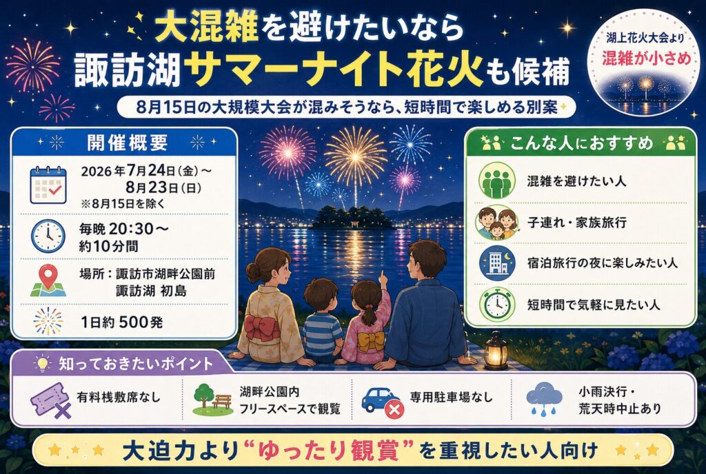 大混雑を避けたいなら諏訪湖サマーナイト花火も候補