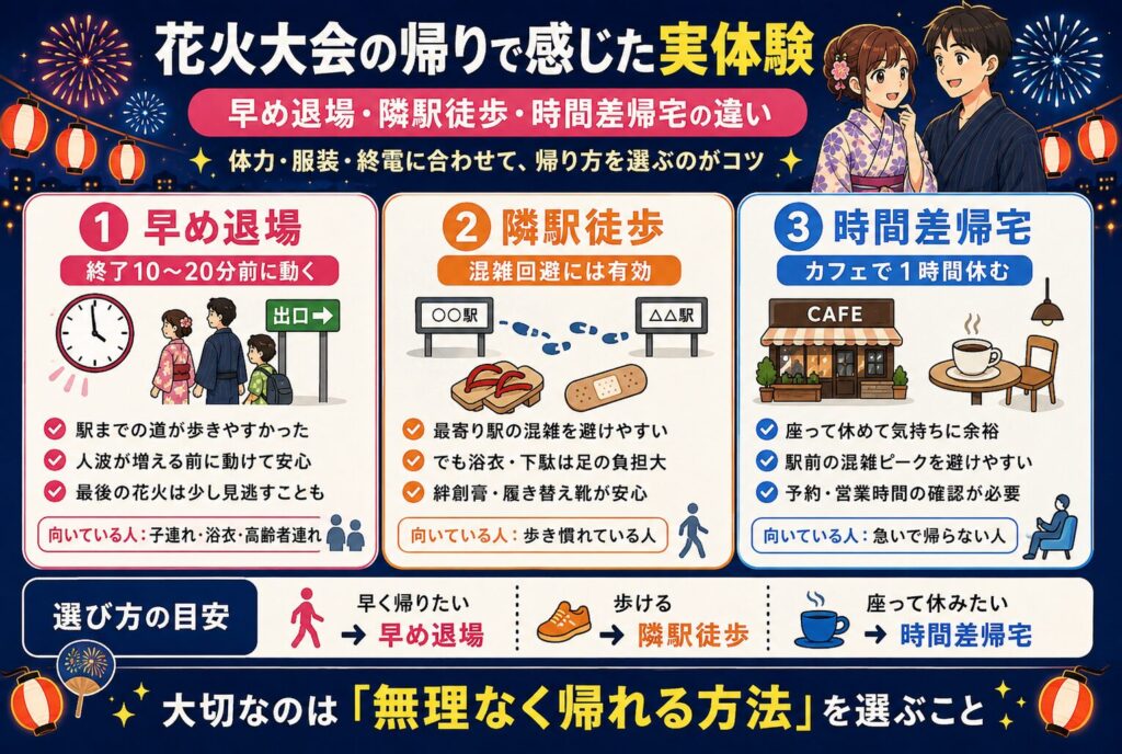 花火大会の帰りで感じた実体験｜早め退場・隣駅徒歩・時間差帰宅の違い
