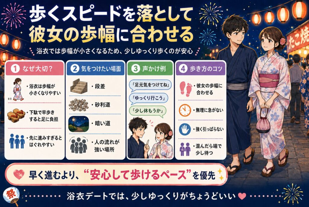 歩くスピードを落として彼女の歩幅に合わせる