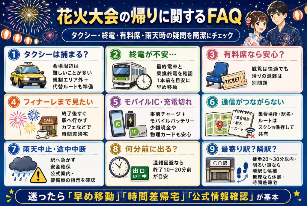 花火大会の帰りに関するFAQ｜タクシー・終電・有料席・雨天時の疑問