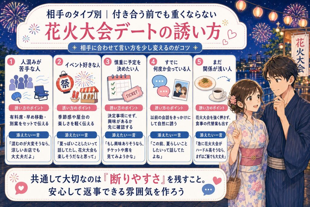 相手のタイプ別｜付き合う前でも重くならない花火大会デートの誘い方