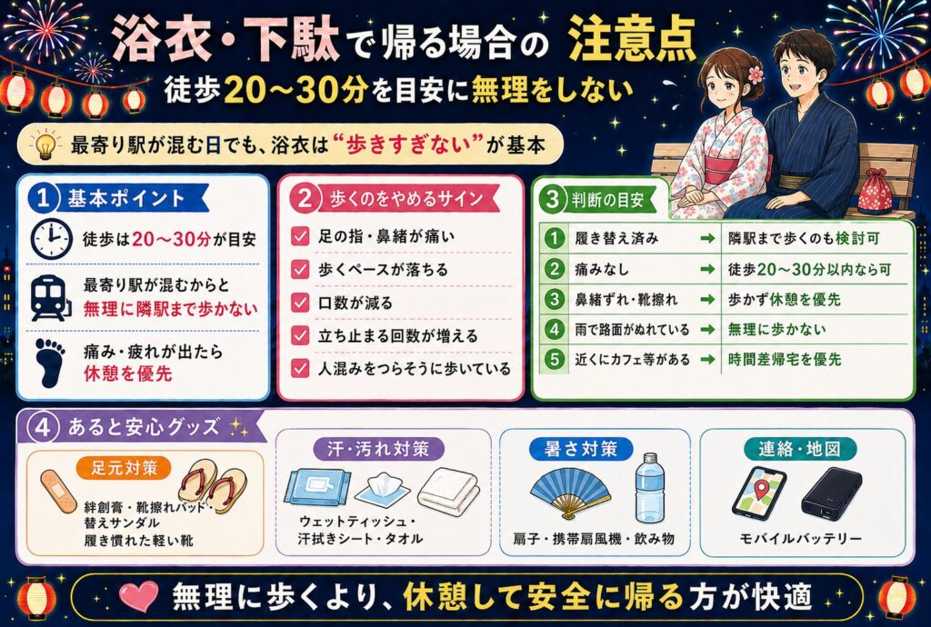 浴衣・下駄で帰る場合の注意点｜徒歩20〜30分を目安に無理をしない