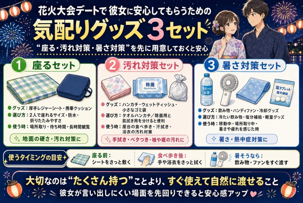 花火大会デートで彼女に安心してもらうための気配りグッズ3セット