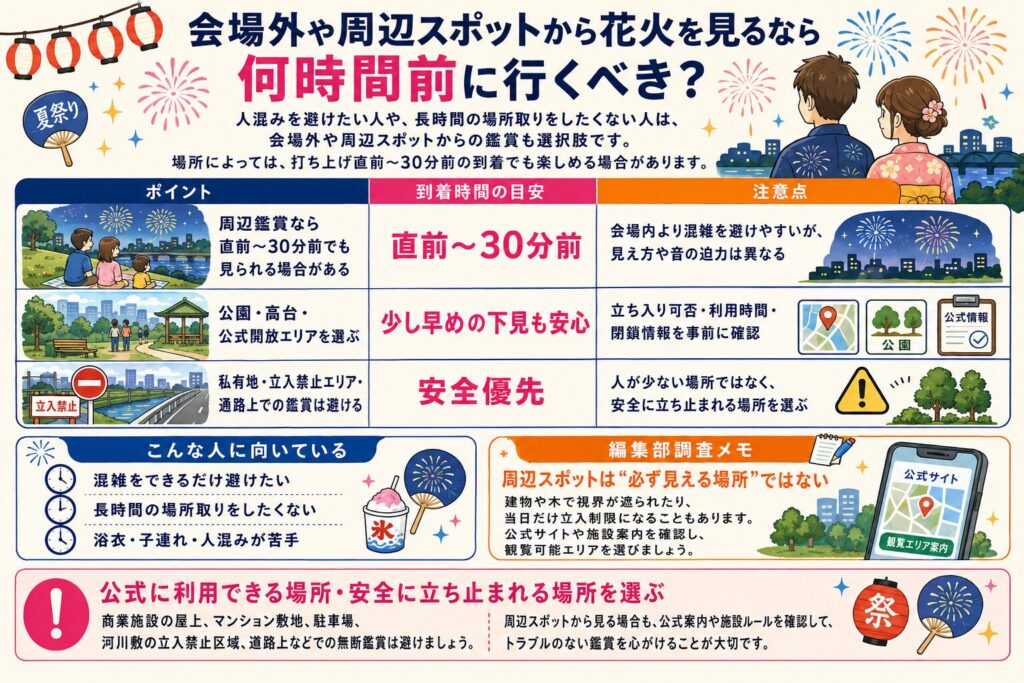 会場外や周辺スポットから花火を見るなら何時間前に行くべき?