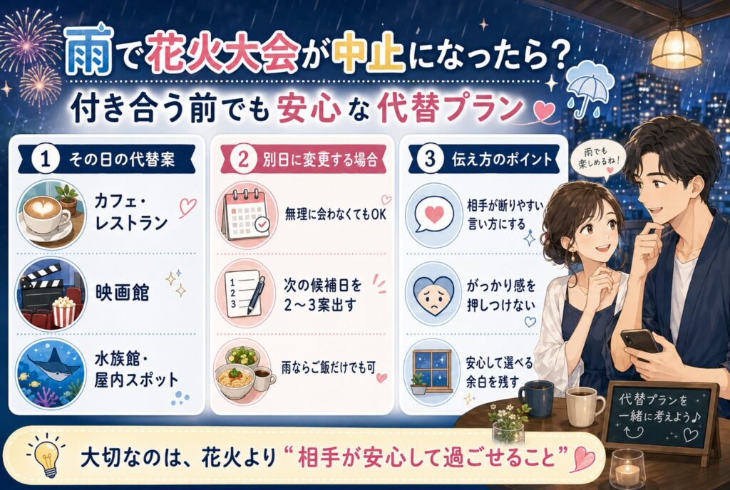 雨で花火大会が中止になったら？付き合う前でも安心な代替プラン
