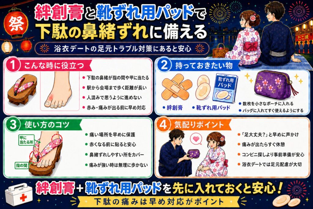 絆創膏と靴ずれ用パッドで下駄の鼻緒ずれに備える