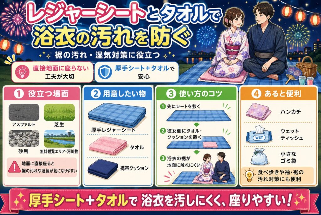 レジャーシートとタオルで浴衣の汚れを防ぐ