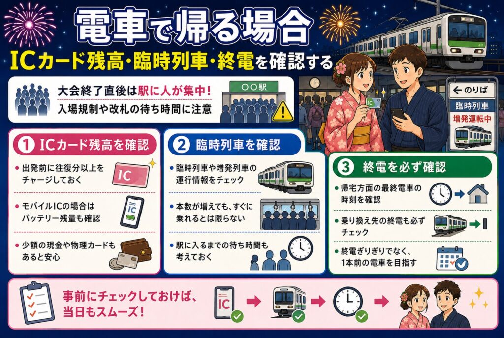 電車で帰る場合：ICカード残高・臨時列車・終電を確認する