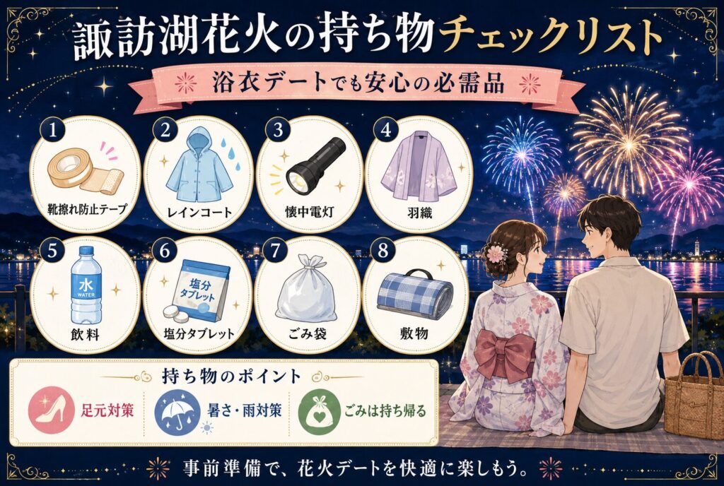 諏訪湖花火の持ち物チェックリスト｜浴衣デートでも安心の必需品