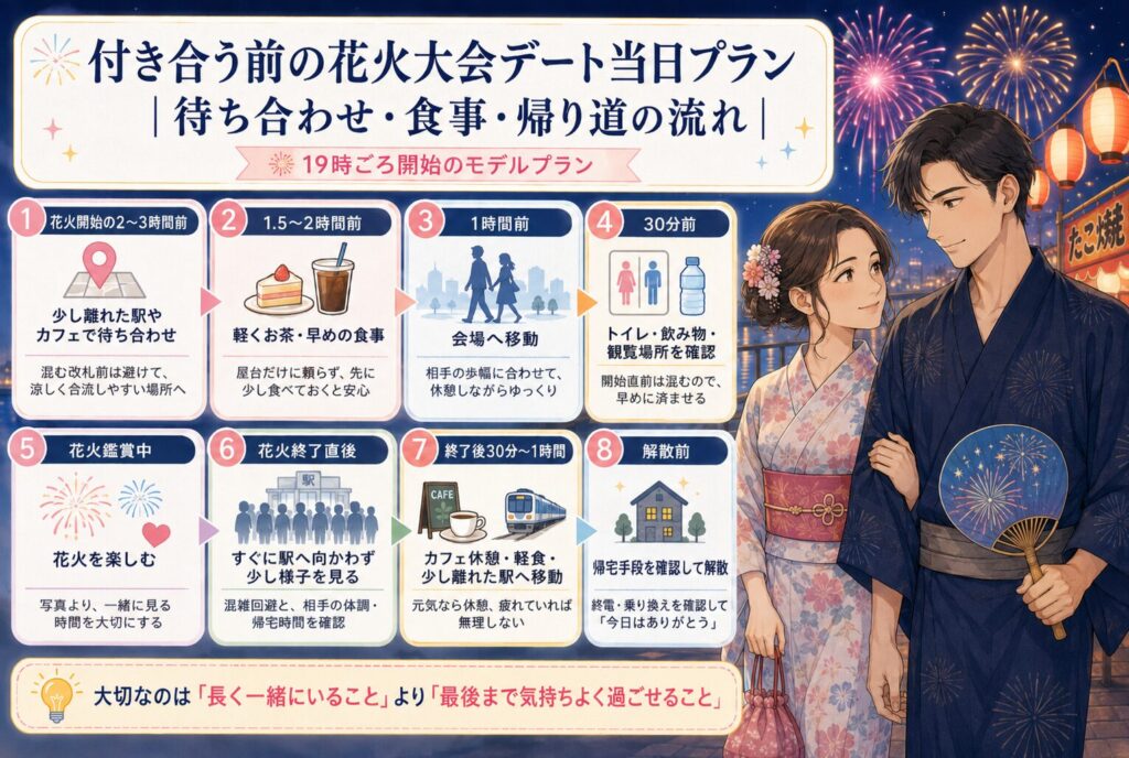 付き合う前の花火大会デート当日プラン｜待ち合わせ・食事・帰り道の流れ