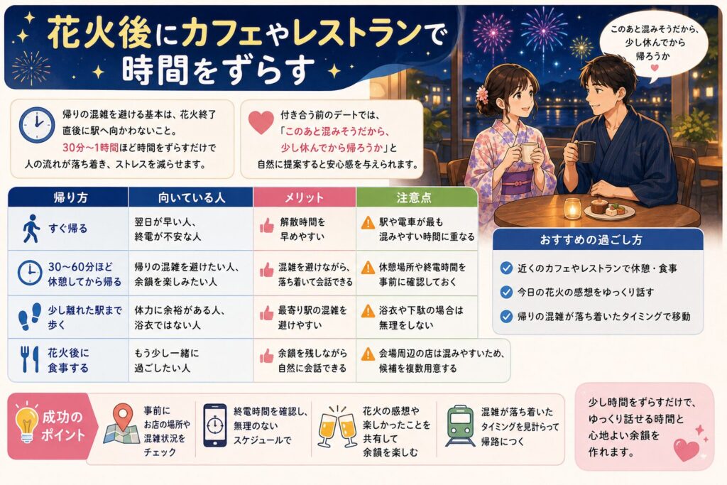 花火後にカフェやレストランで時間をずらす