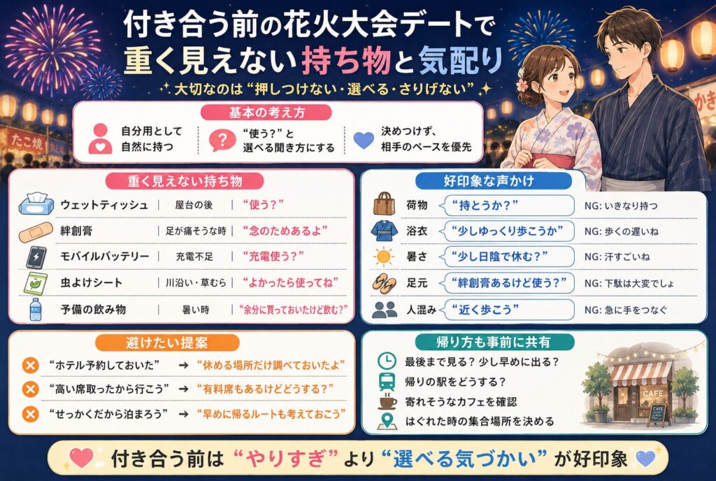 付き合う前の花火大会デートで重く見えない持ち物と気配り