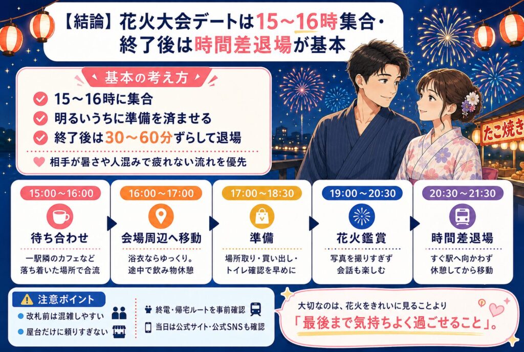 【結論】花火大会デートは15〜16時集合・終了後は時間差退場が基本