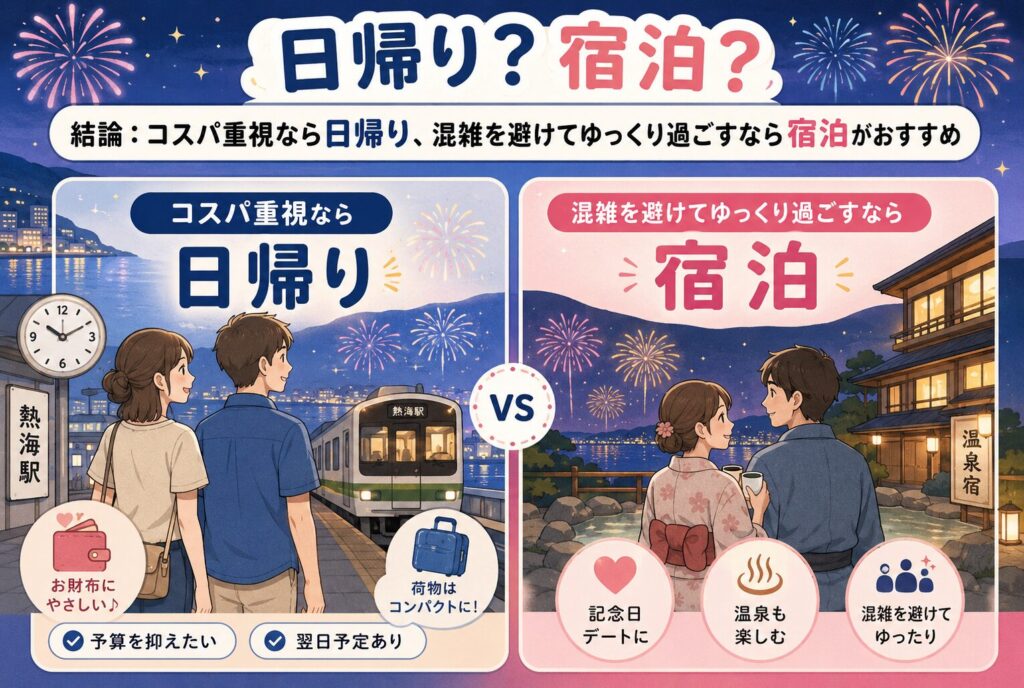 結論:コスパ重視なら日帰り、混雑を避けてゆっくり過ごすなら宿泊がおすすめ