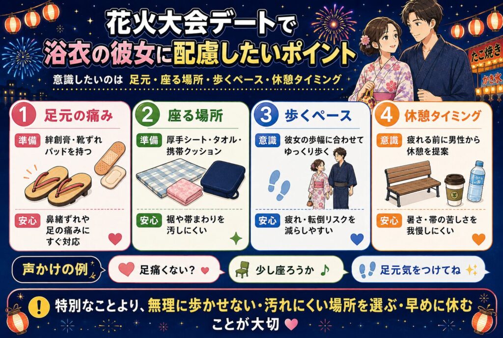 花火大会デートで浴衣の彼女に配慮したいポイント