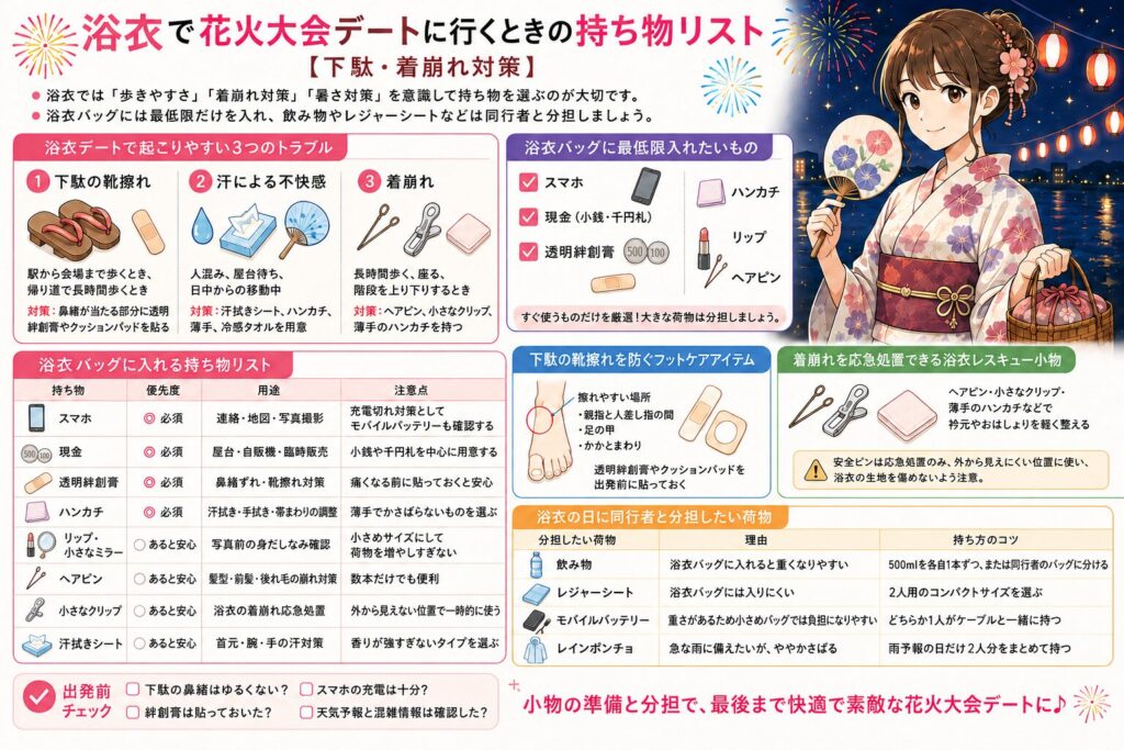 浴衣で花火大会デートに行くときの持ち物リスト【下駄・着崩れ対策】