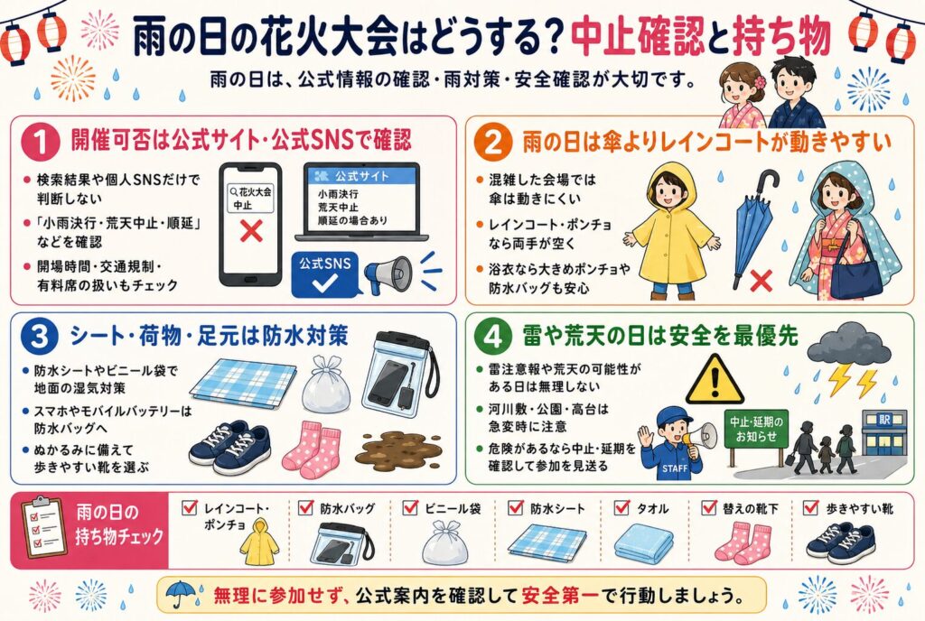 雨の日の花火大会はどうする?中止確認と持ち物