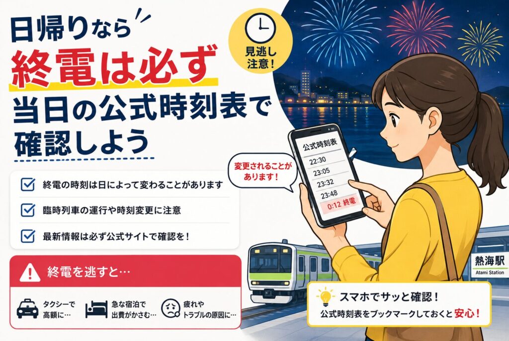 日帰りなら終電は必ず当日の公式時刻表で確認しよう