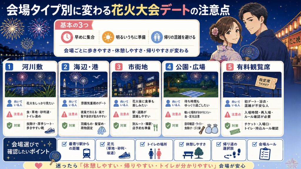 会場タイプ別に変わる花火大会デートの注意点