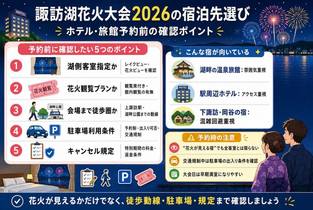 諏訪湖花火大会2026の宿泊先選び|ホテル・旅館予約前の確認ポイント