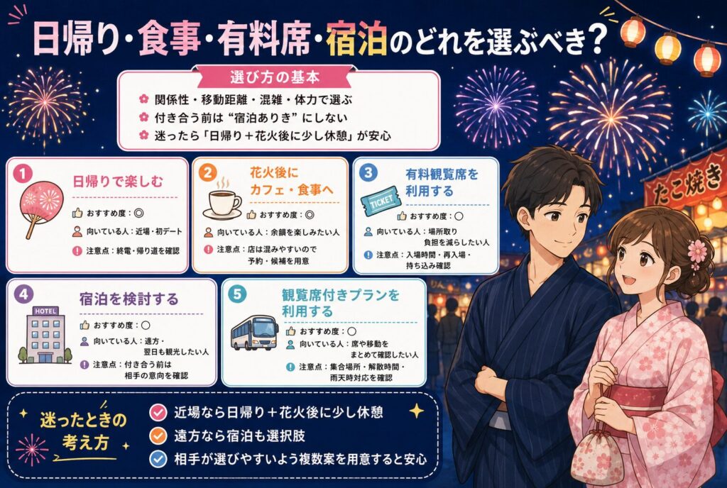 日帰り・食事・有料席・宿泊のどれを選ぶべき？