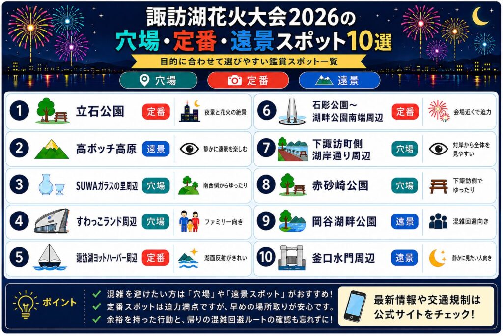 諏訪湖花火大会2026の穴場・定番・遠景スポット10選