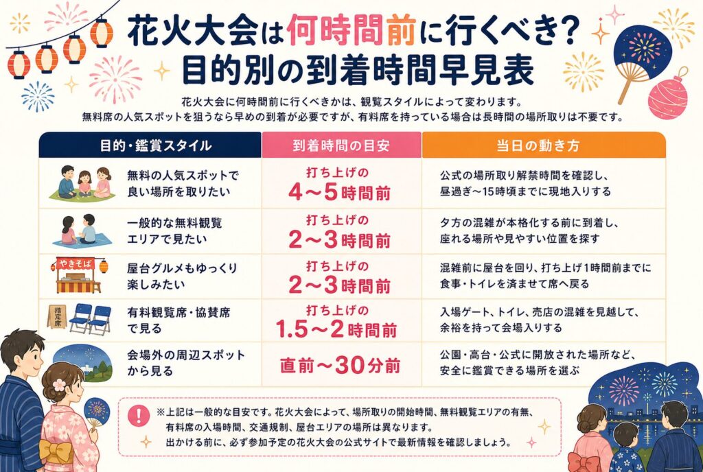 花火大会は何時間前に行くべき?目的別の到着時間早見表