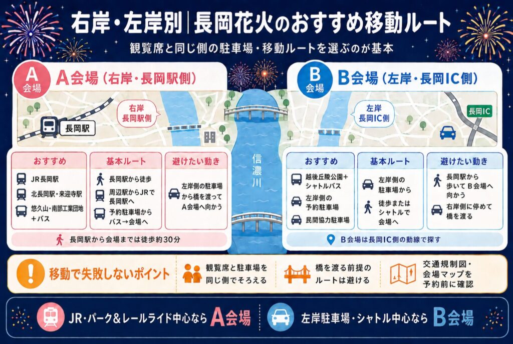 右岸・左岸別|長岡花火大会のおすすめ移動ルート