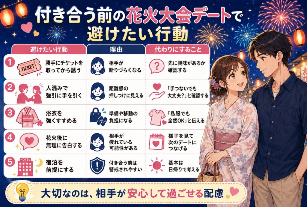付き合う前の花火大会デートで避けたい行動