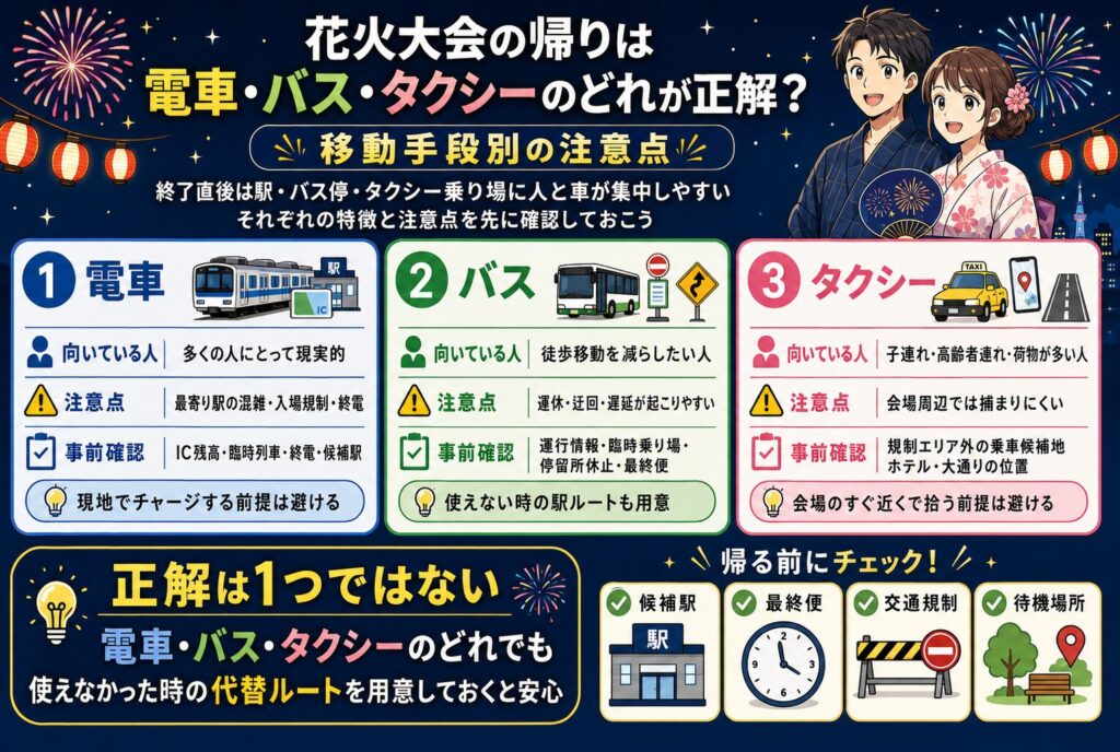 花火大会の帰りは電車・バス・タクシーのどれが正解？移動手段別の注意点