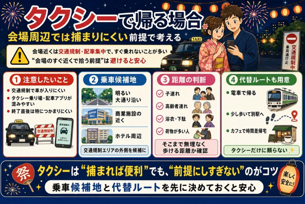 タクシーで帰る場合：会場周辺では捕まりにくい前提で考える