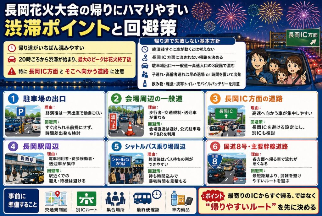 長岡花火大会の帰りにハマりやすい渋滞ポイントと回避策