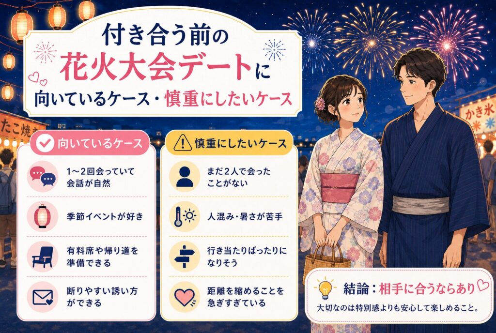 付き合う前の花火大会デートに向いているケース・慎重にしたいケース