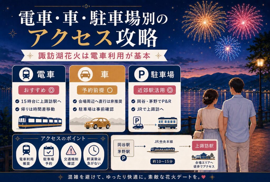 電車・車・駐車場別のアクセス攻略｜諏訪湖花火は電車利用が基本
