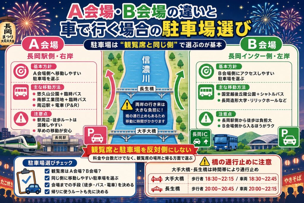 A会場・B会場の違いと車で行く場合の駐車場選び