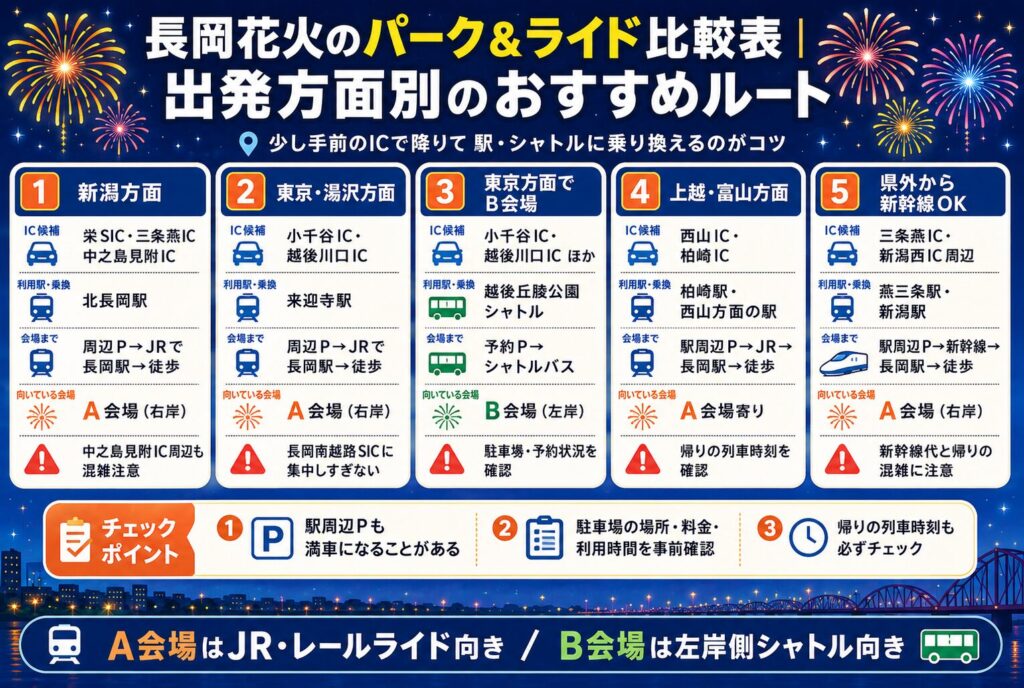 長岡花火のパーク&ライド比較表|出発方面別のおすすめルート
