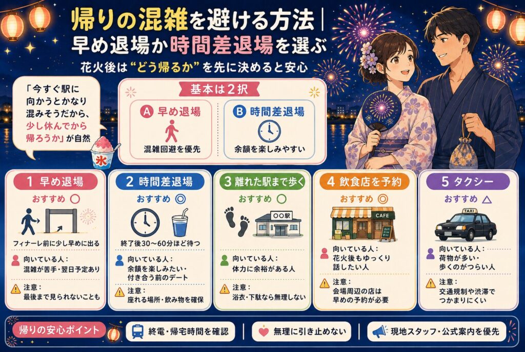 帰りの混雑を避ける方法｜早め退場か時間差退場を選ぶ