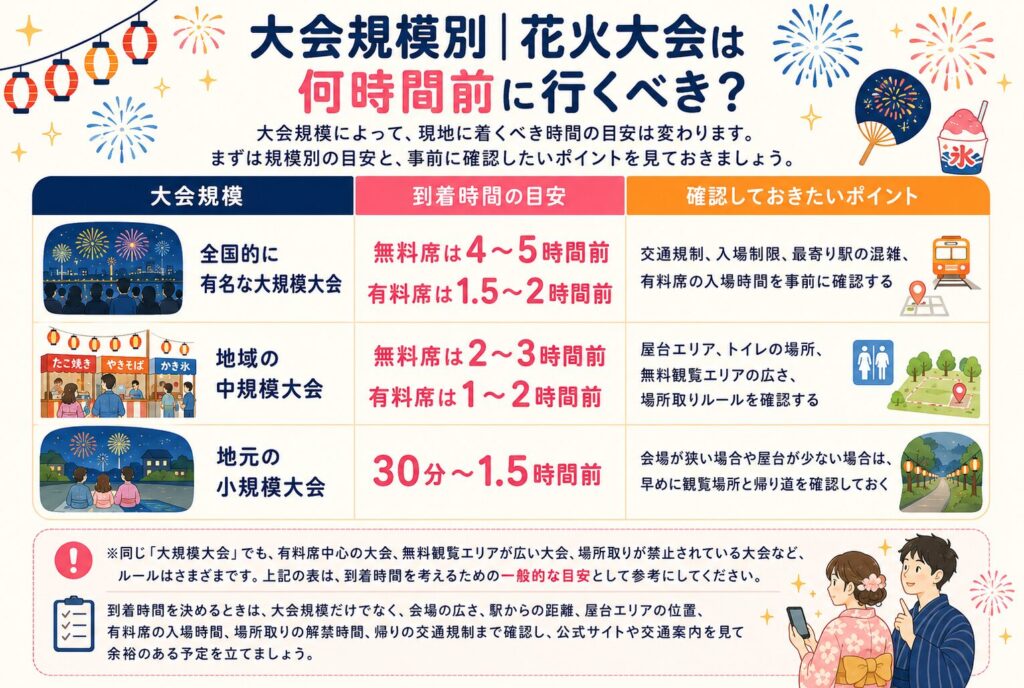 大会規模別|花火大会は何時間前に行くべき?